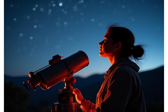 Dr. Anya Sharma, founder of Orion Escapes, gazing at stars through a telescope in Coonabarabran, Australia.
