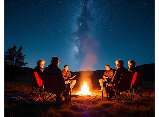 Group of guests enjoying stargazing around a campfire in a remote location.